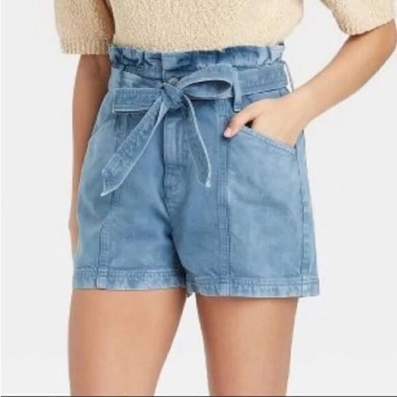 Universal Thread Jean High Rise Paperbag Shorts Belted Medium Blue wash - Picture 1 of 11